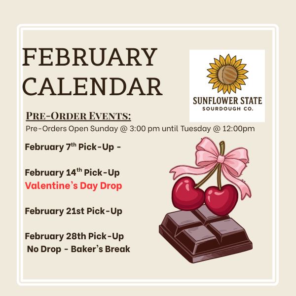 A little schedule update from your favorite bread lady…

Hey friends! Just wanted to pop in and give you a heads up, your girl is taking a well-earned baker's break, which means there will be no drop for February 28th pickup. 
Rest is part of the recipe too, and I'm leaning into it.

The good news? We'll be back and fully fired up for a March 8th pick-up! Pre-orders will open as usual [Sunday at 3pm] so mark your calendars!

Thank you, as always, for your patience and support. This little bakery runs on love, wild yeast, and you — and I don't take that lightly. 🤍

See you in March! (or This Sunday for those attending my Breaducation 101 Class, Can't wait!)

 #sunflowerstatesourdoughco #perrykansas #kansasbaker #sourdoughkansas #bakersbrake #smallbatchbread #handmadebread #localbakery
